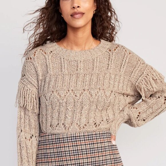Old Navy Brown Heather Textured Loose Knit Fringe Shoulder Sweater L - Picture 3 of 10
